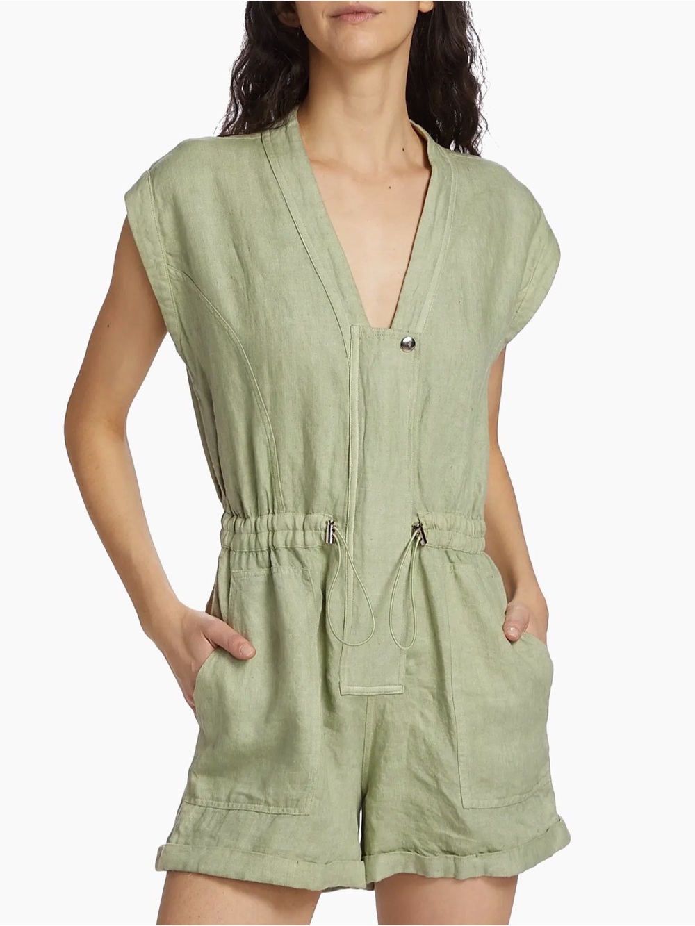 Maria Cher Lapataia Marila Linen Green V-Neck Utility Romper EUC Size Small
